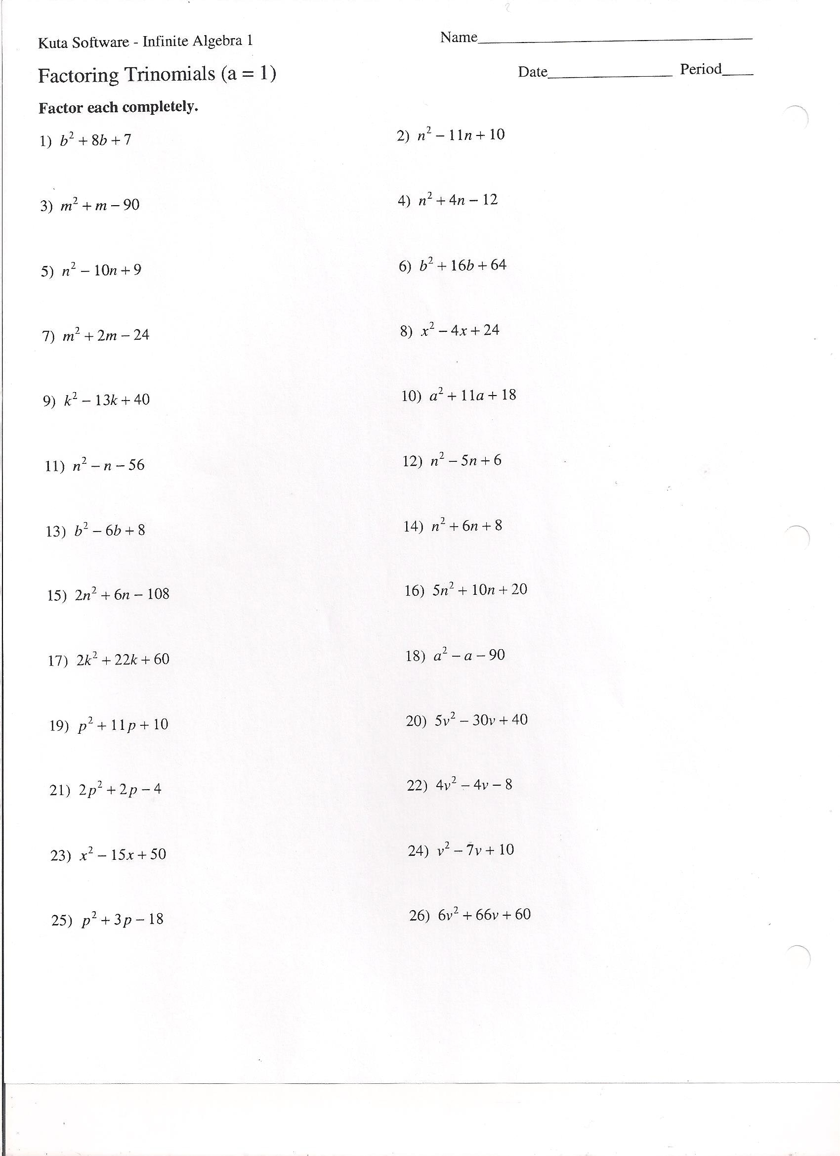 Factoring Trinomials Worksheet With Answer Key Integers Worksheet