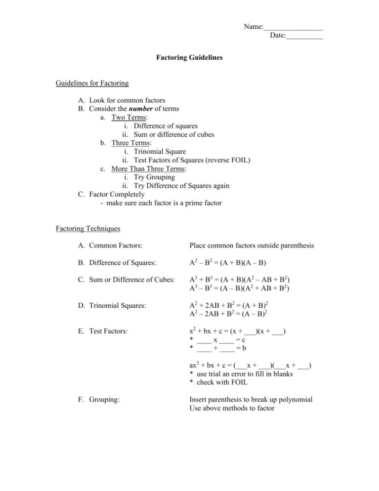 Factoring Worksheet