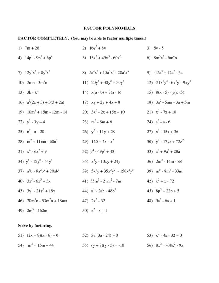Factoring Quadratic Trinomials Worksheet
