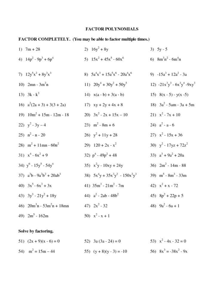 Factorization Of Polynomials Worksheets  Lobo Black