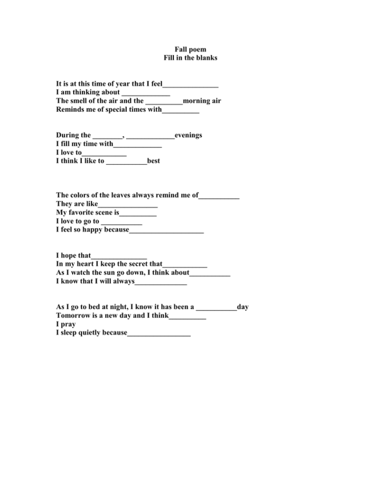 Fall Poem Fill In The Blanks