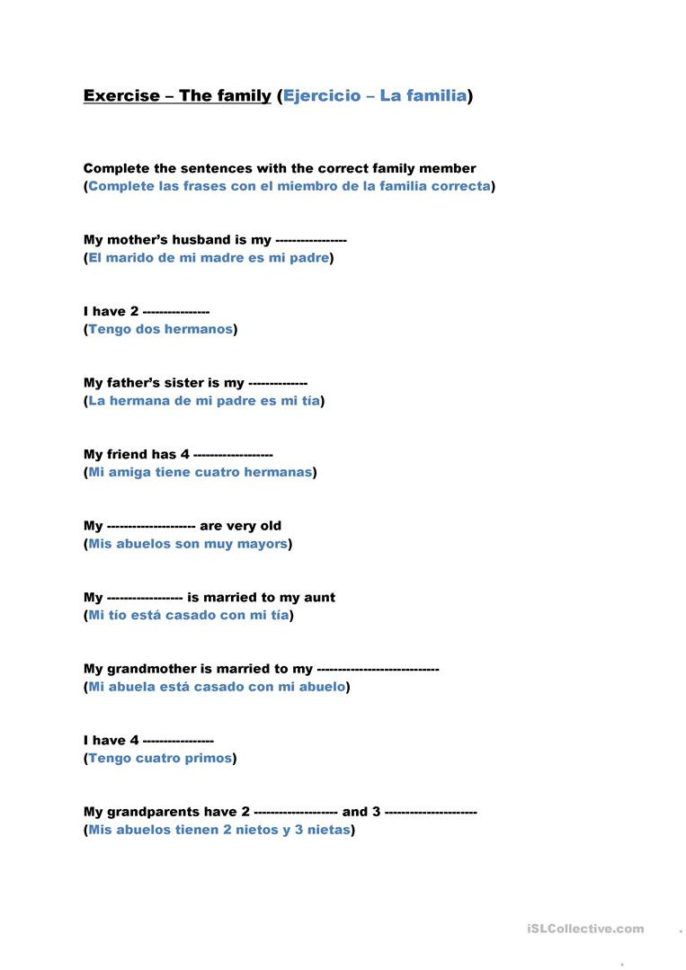 Family  For Spanish Speakers  English Esl Worksheets