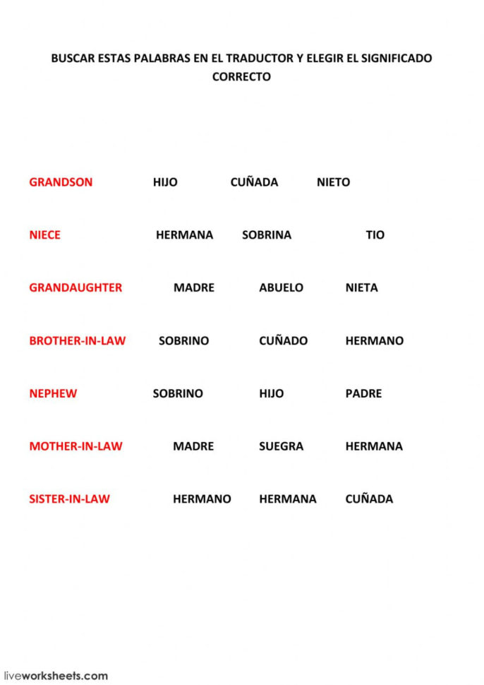 Family La Familia Online Worksheet