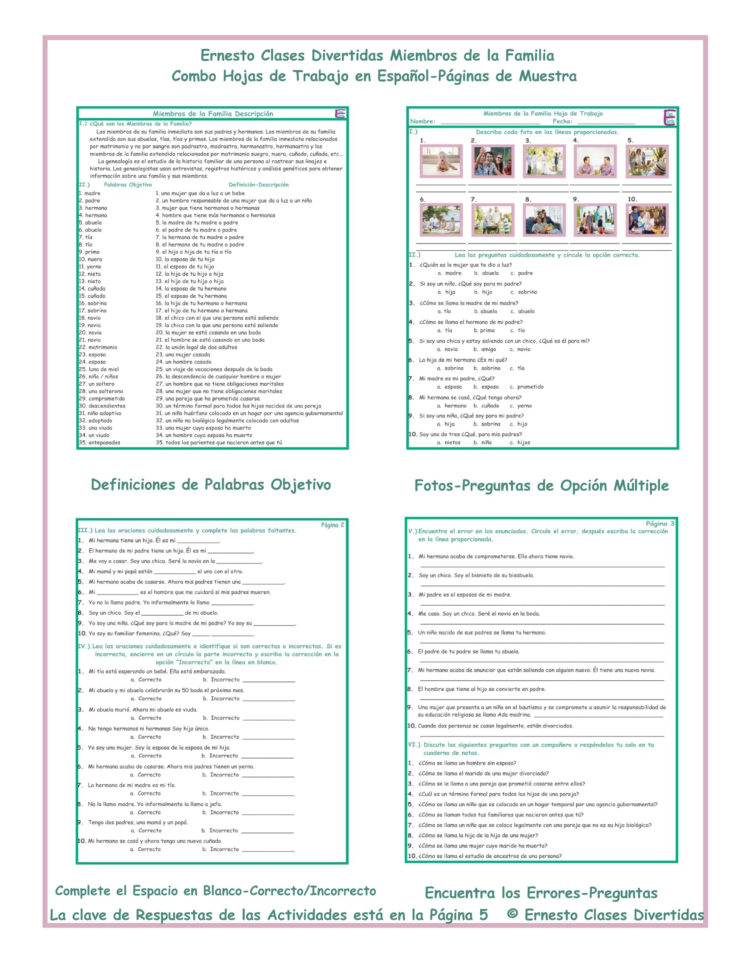 Family Members Combo Activities Spanish Worksheets