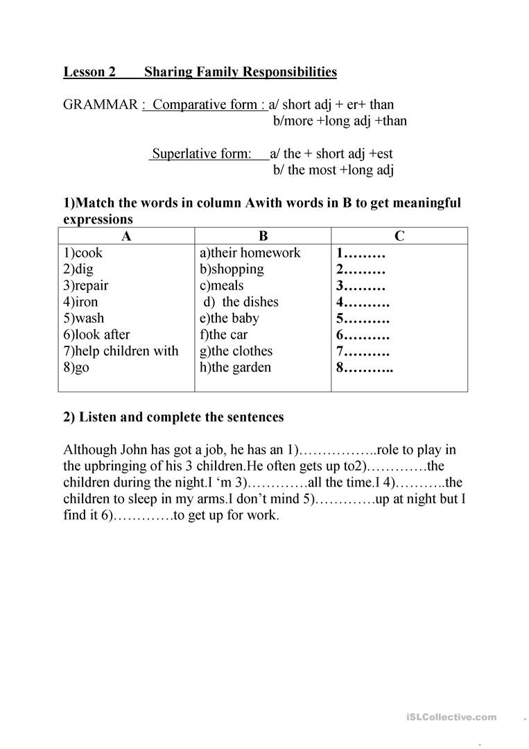 Family Responsibilities  English Esl Worksheets