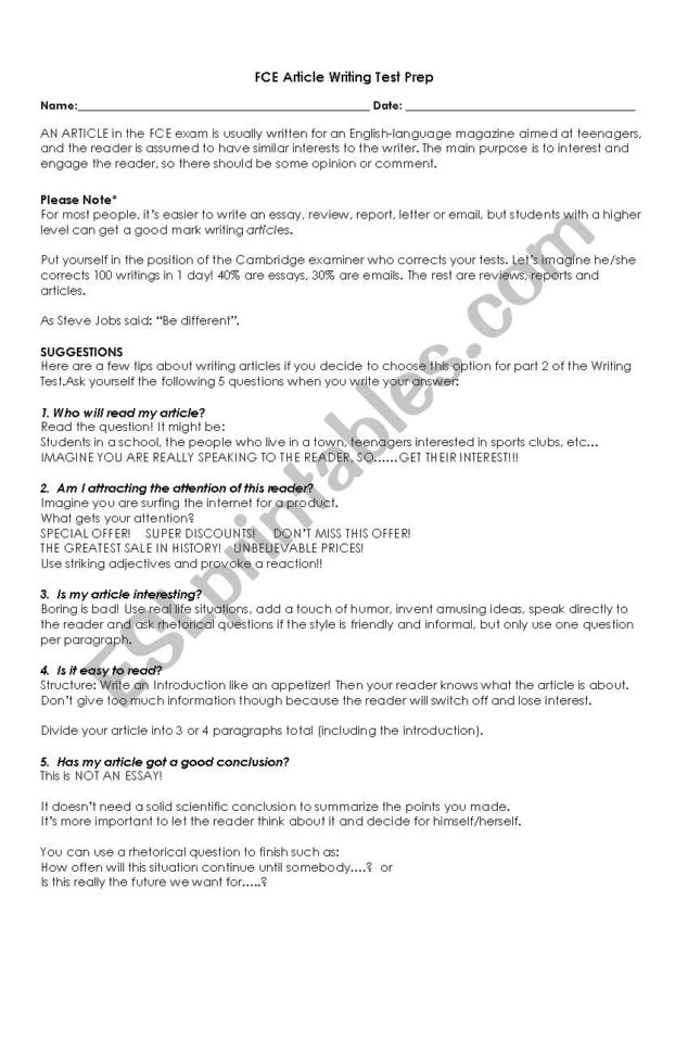 Fce Article Writing Preparation  Esl Worksheetjbfjudith