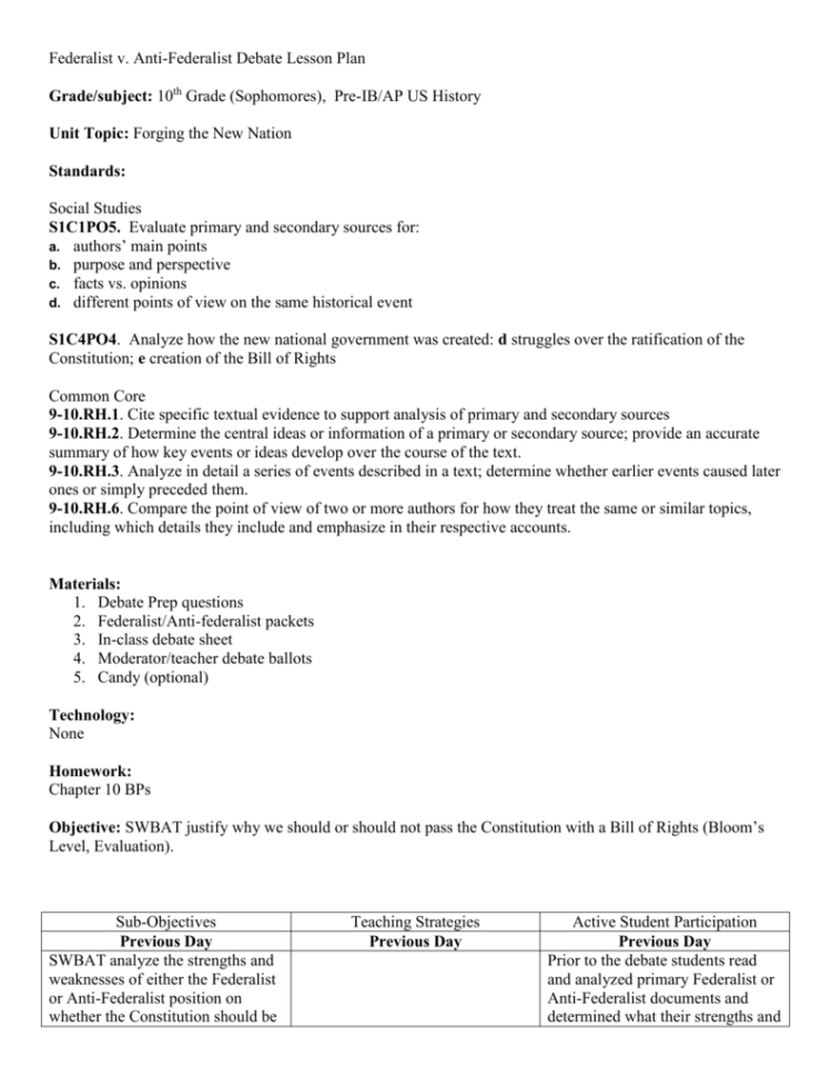 Fed V Antifed Debate Lesson Plan
