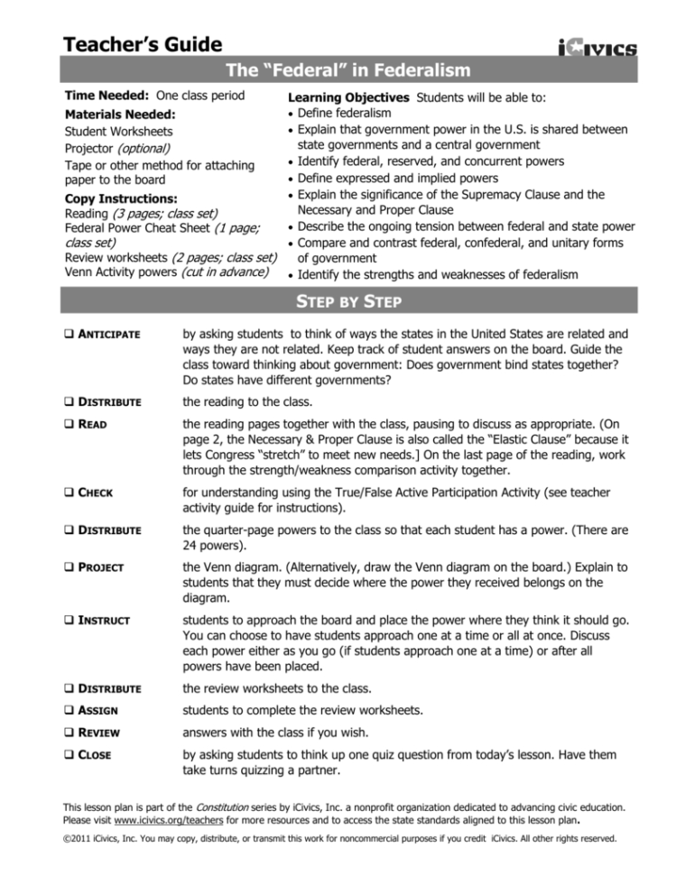 Federalism Reading  Worksheet File