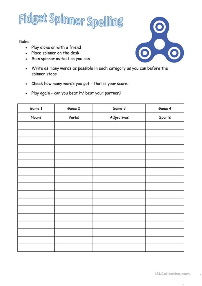 Fidget Spinner Spelling  English Esl Worksheets