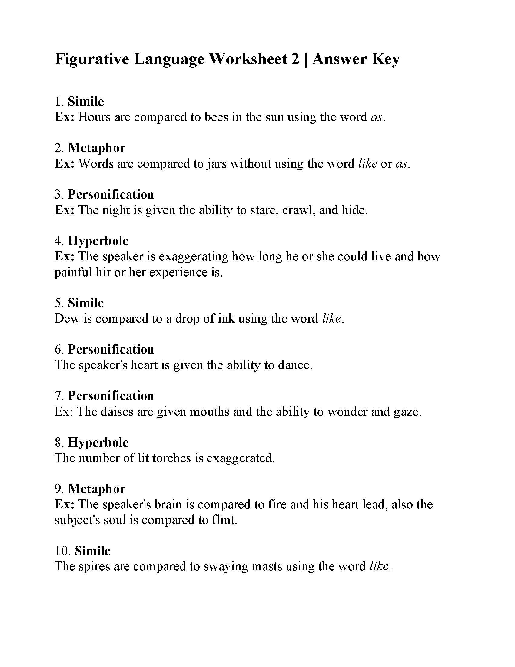 Figurative Language Worksheet 2  Answers