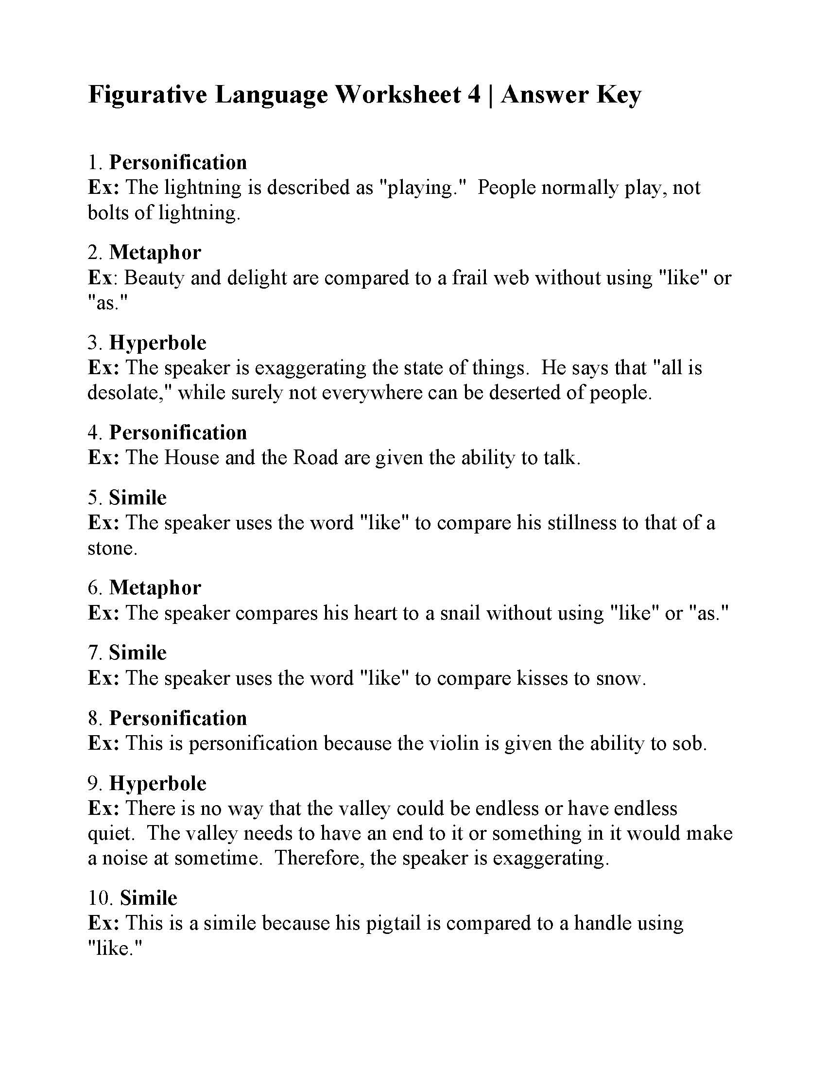 Figurative Language Worksheet 4  Answers