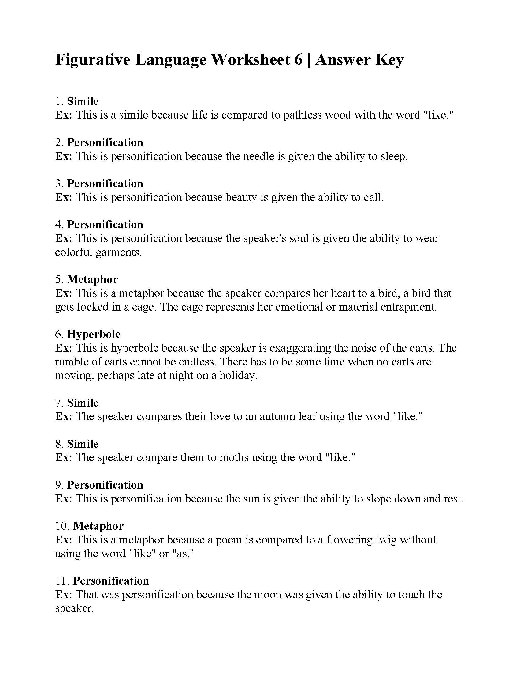 figurative language worksheet 6 answers db excelcom