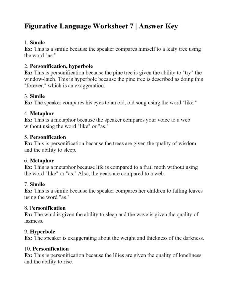 Figurative Language Worksheet 7  Answers