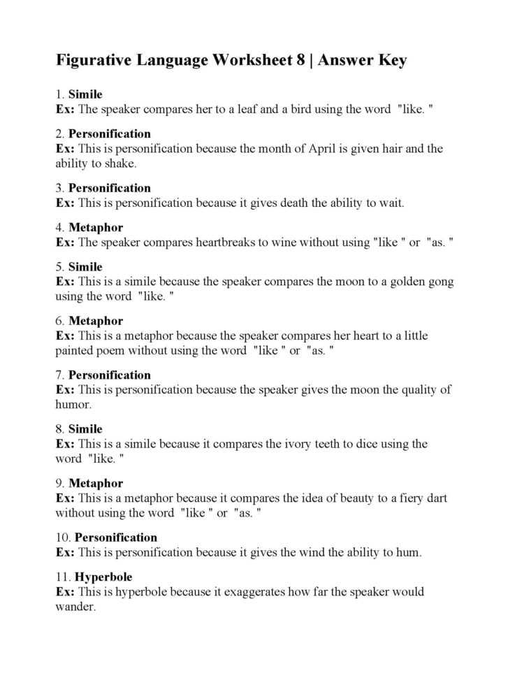 Figurative Language Worksheet 8  Answers