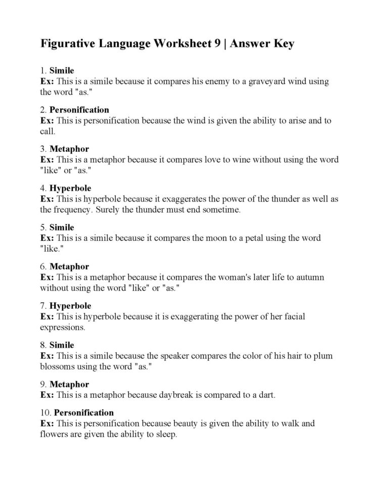Figurative Language Worksheet 9  Answers