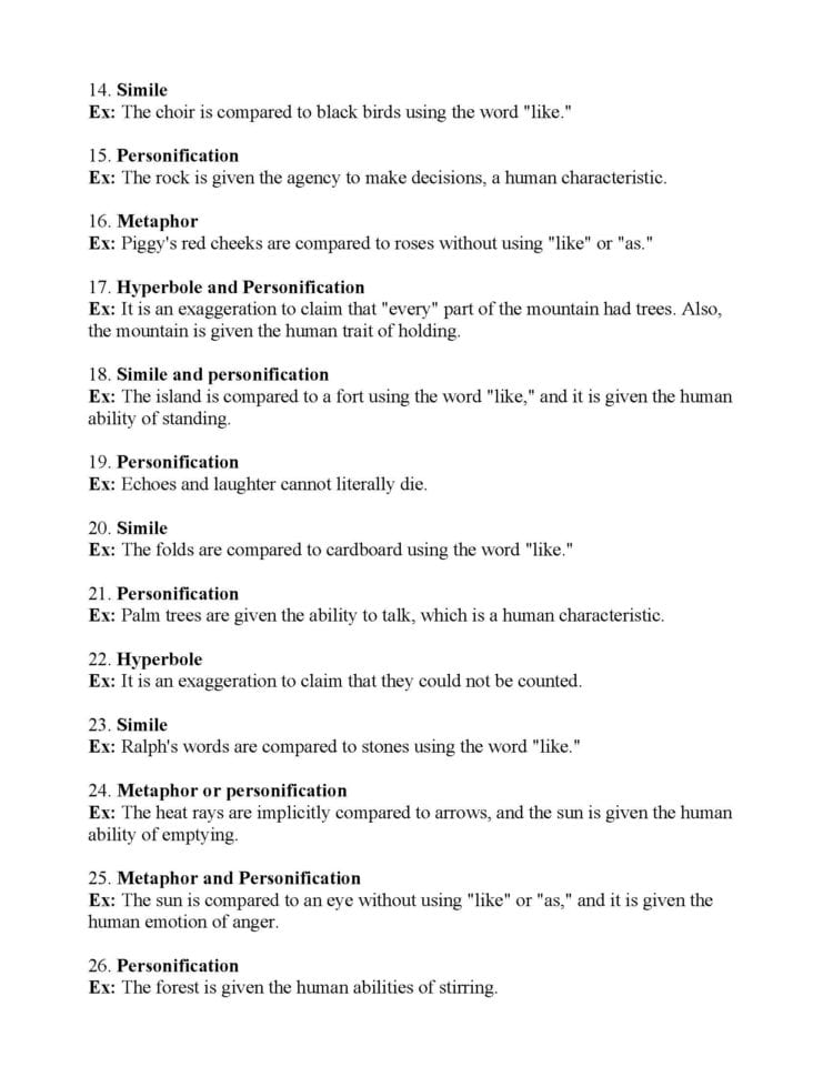 Figurative Language Worksheet  Lord Of The Flies  Answers