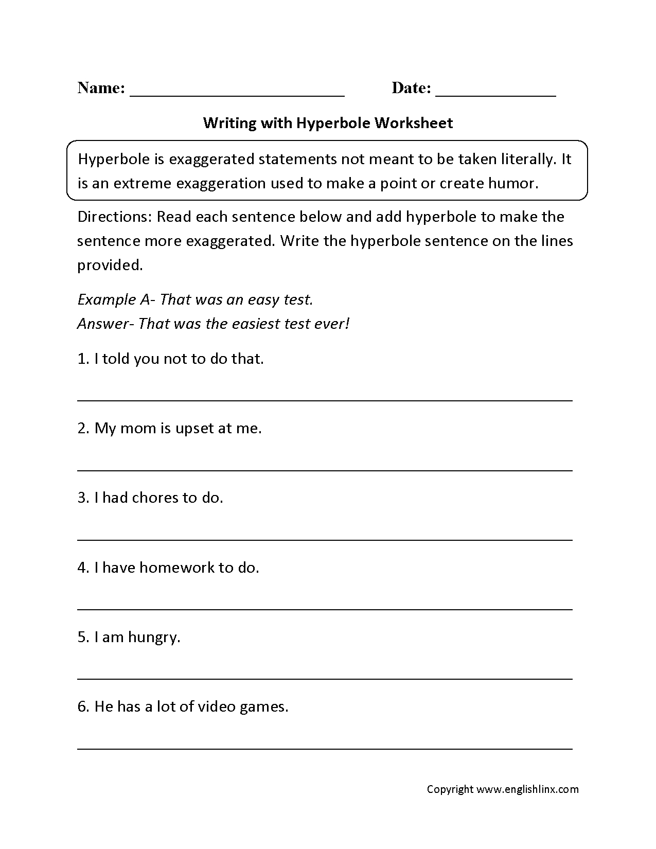 Figurative Language Worksheets  Hyperbole Worksheets