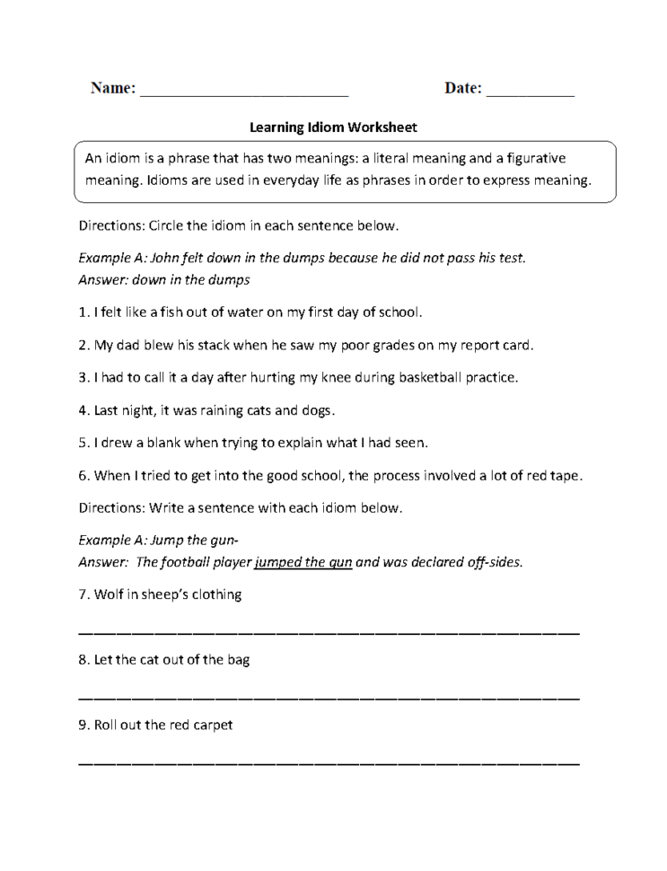 Figurative Language Worksheets  Idiom Worksheets