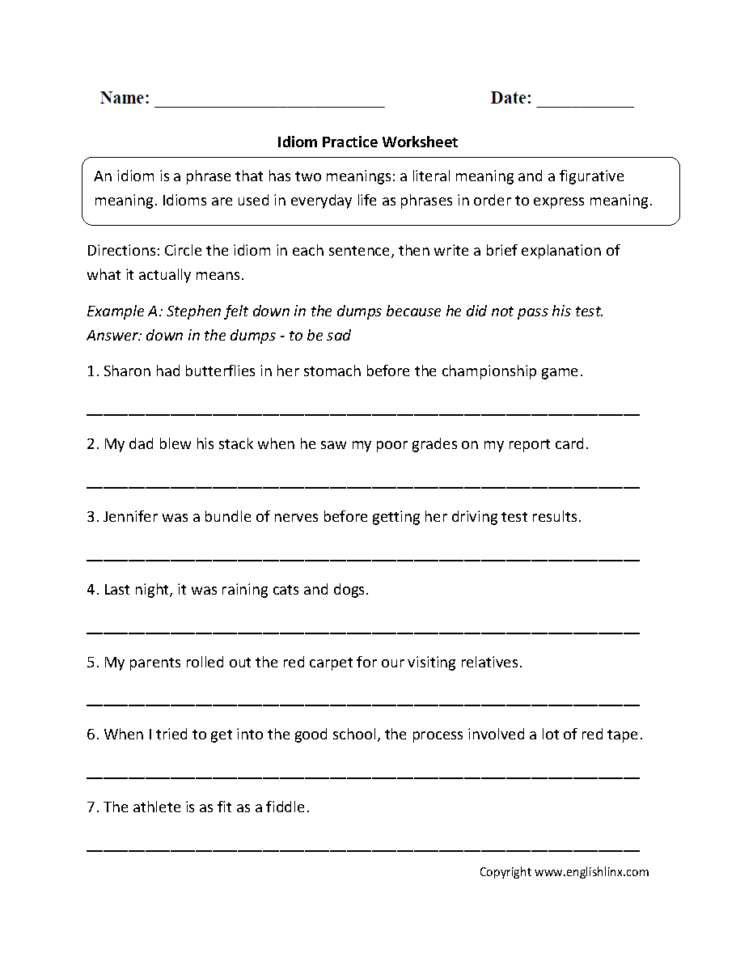 Figurative Language Worksheets  Idiom Worksheets