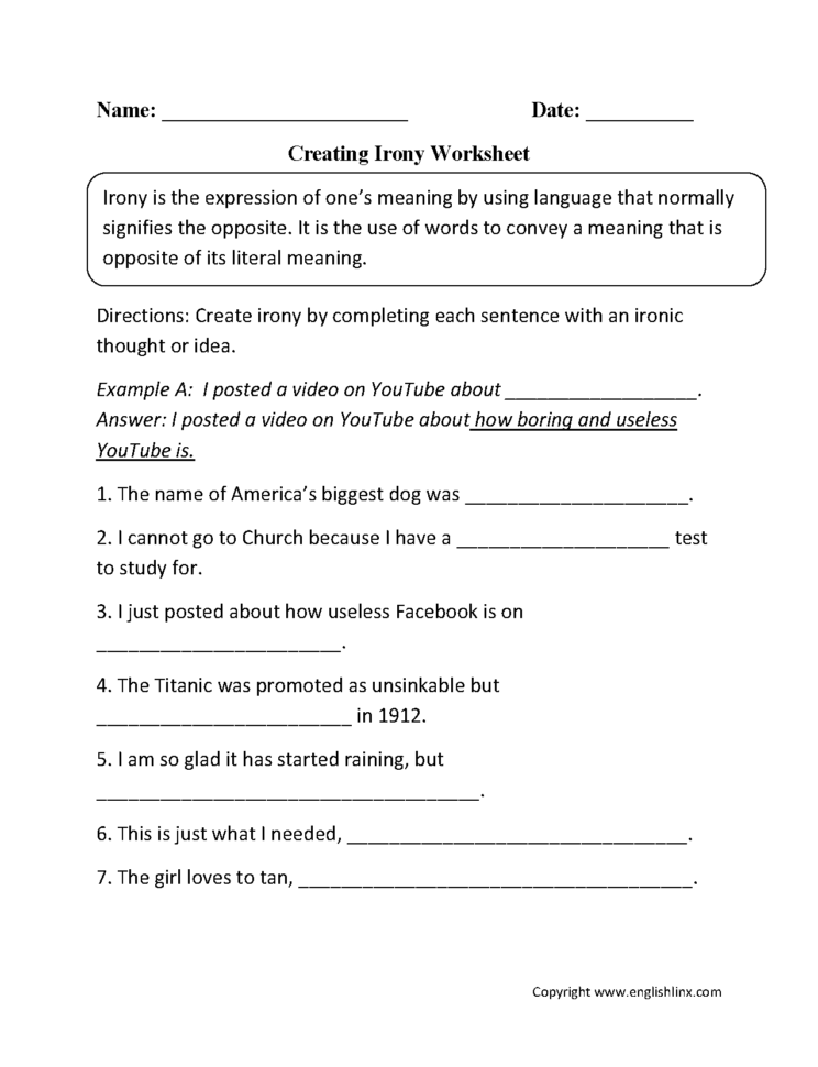 Figurative Language Worksheets  Irony Worksheets