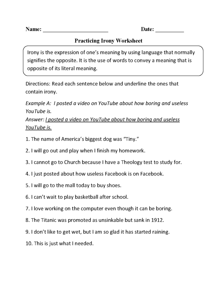 Figurative Language Worksheets  Irony Worksheets