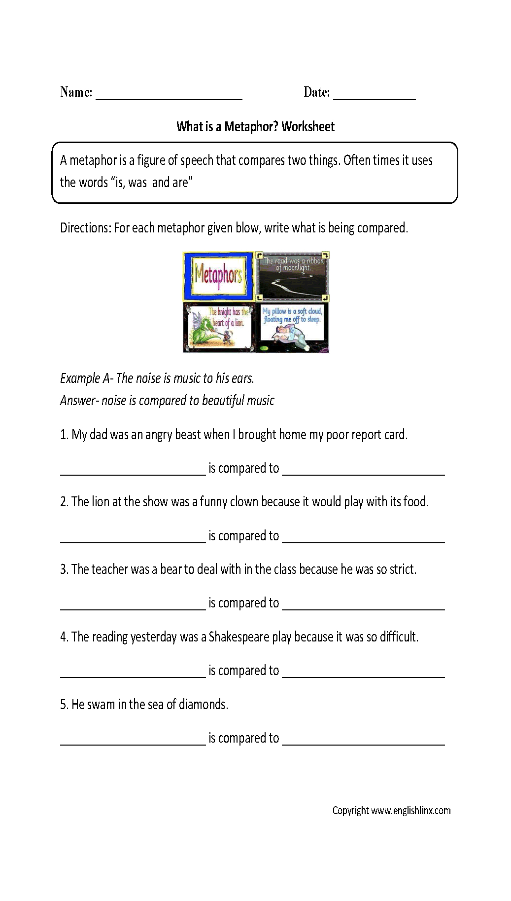 Figurative Language Worksheets  Metaphor Worksheets