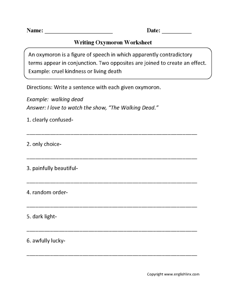 Figurative Language Worksheets  Oxymoron Worksheets
