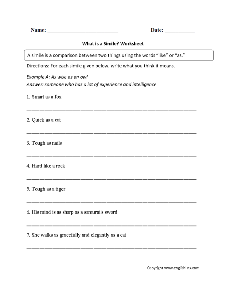 Figurative Language Worksheets  Simile Worksheets