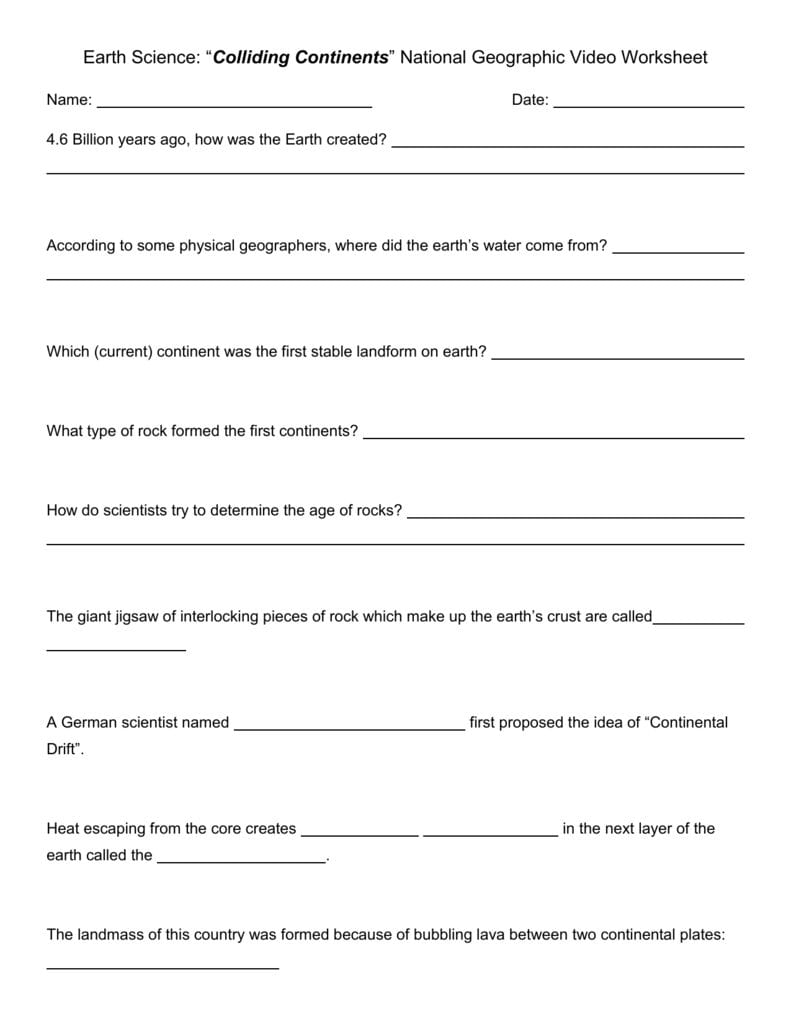 National Geographic Colliding Continents Video Worksheet Answer Key