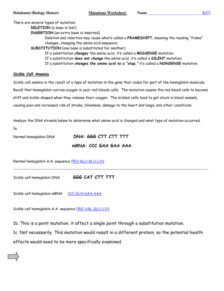 Worksheet Mutations Practice Answer Key