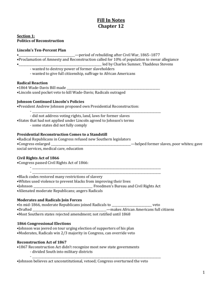 Fill In Notes Chapter 12 Section 1 Politics Of Reconstruction