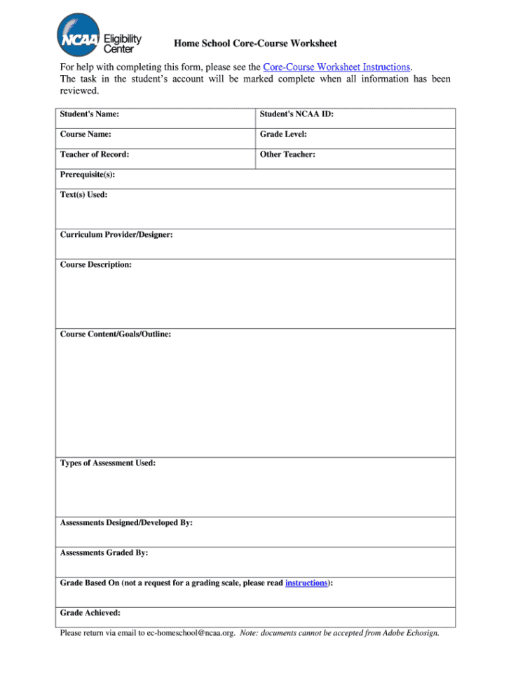 Fillable Online Fs Ncaa Core Course Worksheet  Ncaa  Fs