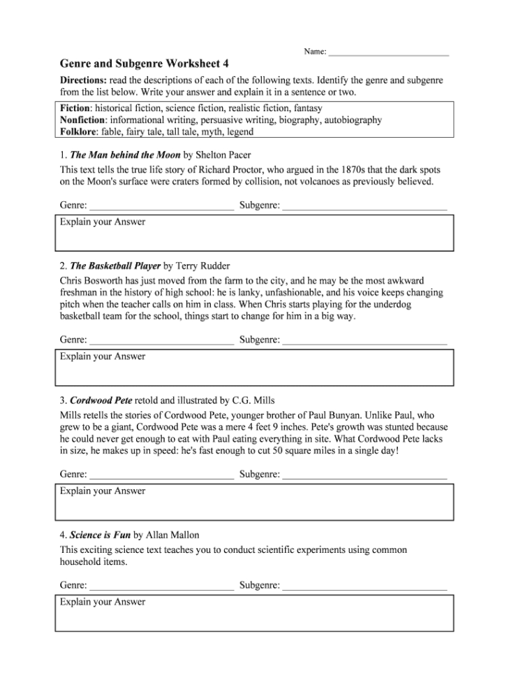 Fillable Online Genre And Subgenre Worksheet 4  Reading