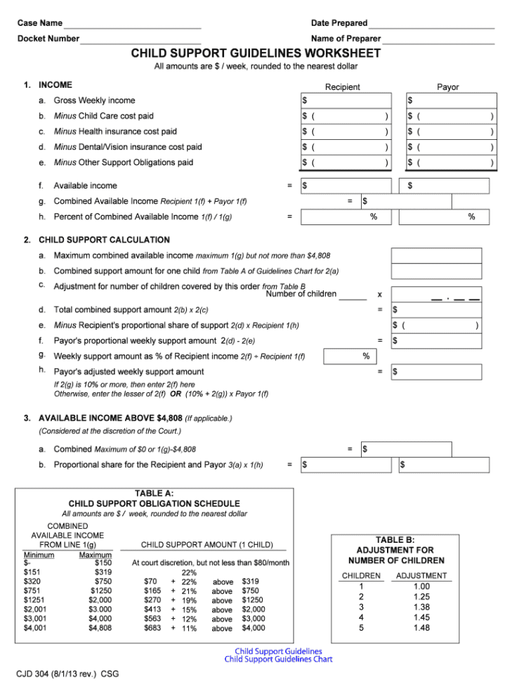Fillable Online Mass Child Support Guidelines Worksheet Cjd
