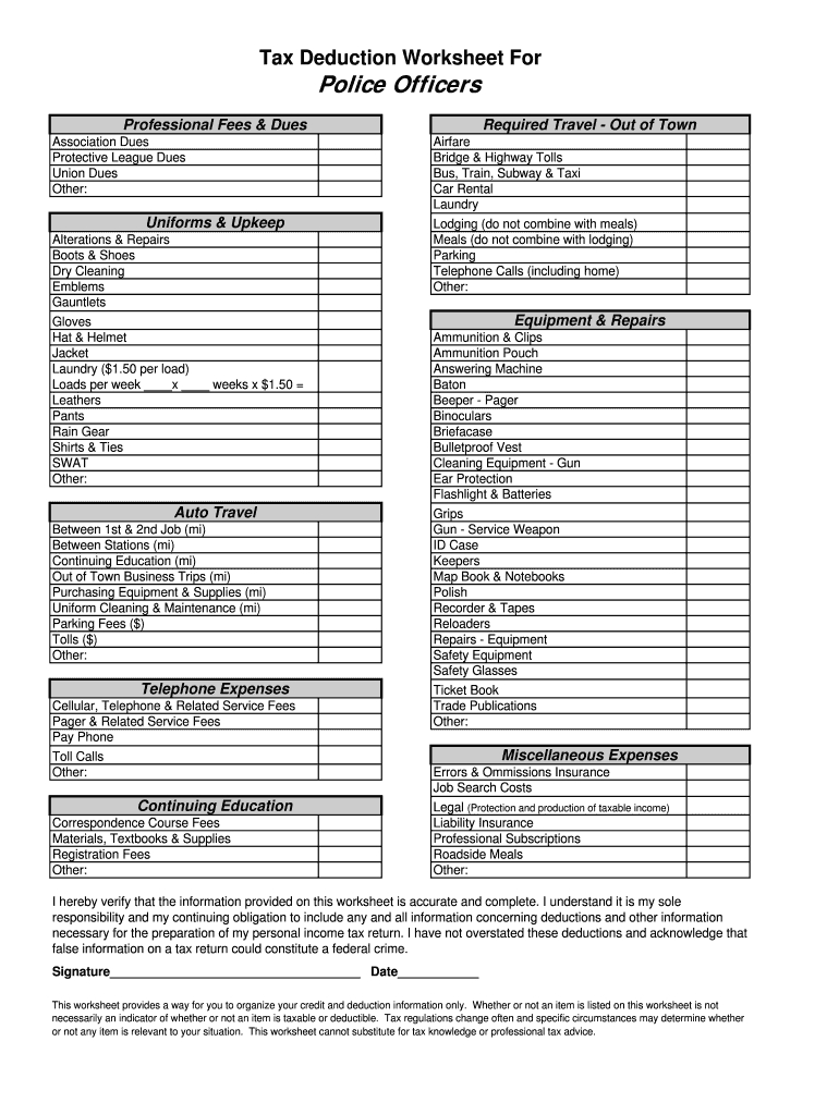 Fillable Online Police Officer  Tax Deduction Worksheet