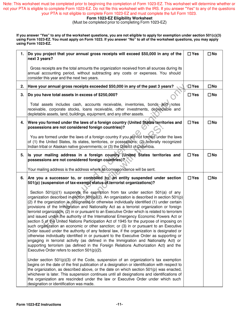 Fillable Online Pta Form 1023Ez Eligibility Worksheet  National