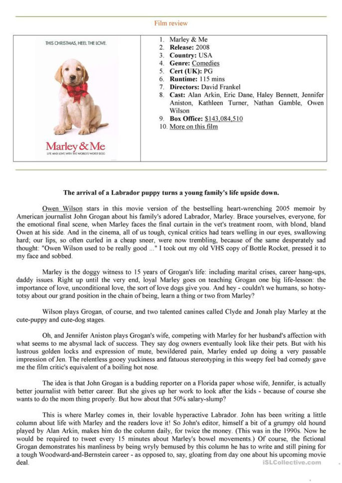 Film Rewiew  Marley And Me  English Esl Worksheets