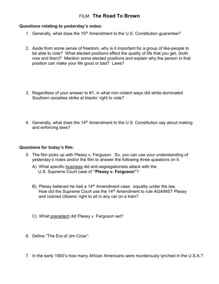 Film The Road To Brown Questions Relating To Yesterday's Notes