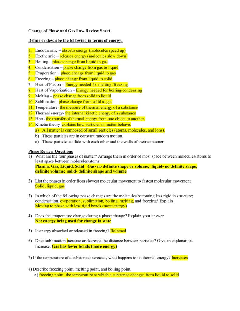 Final Exam Study Guide Part 2 States Of Matter Answer Key