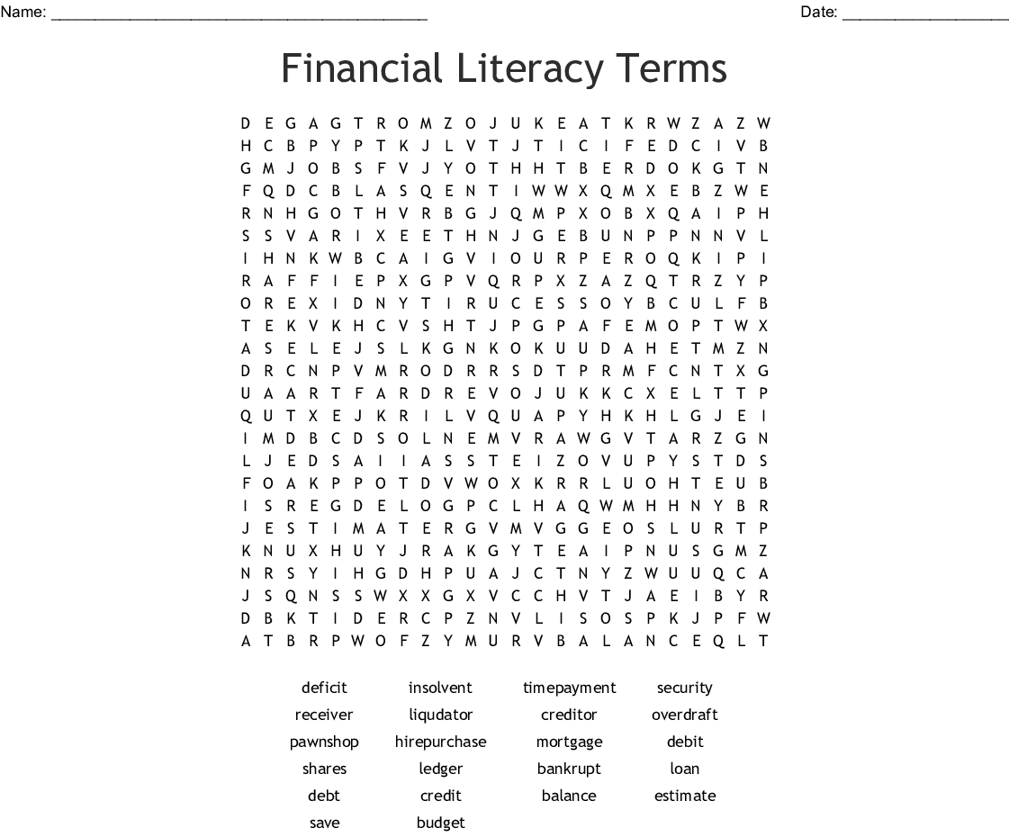 Financial Literacy Terms Word Search Word Db excel