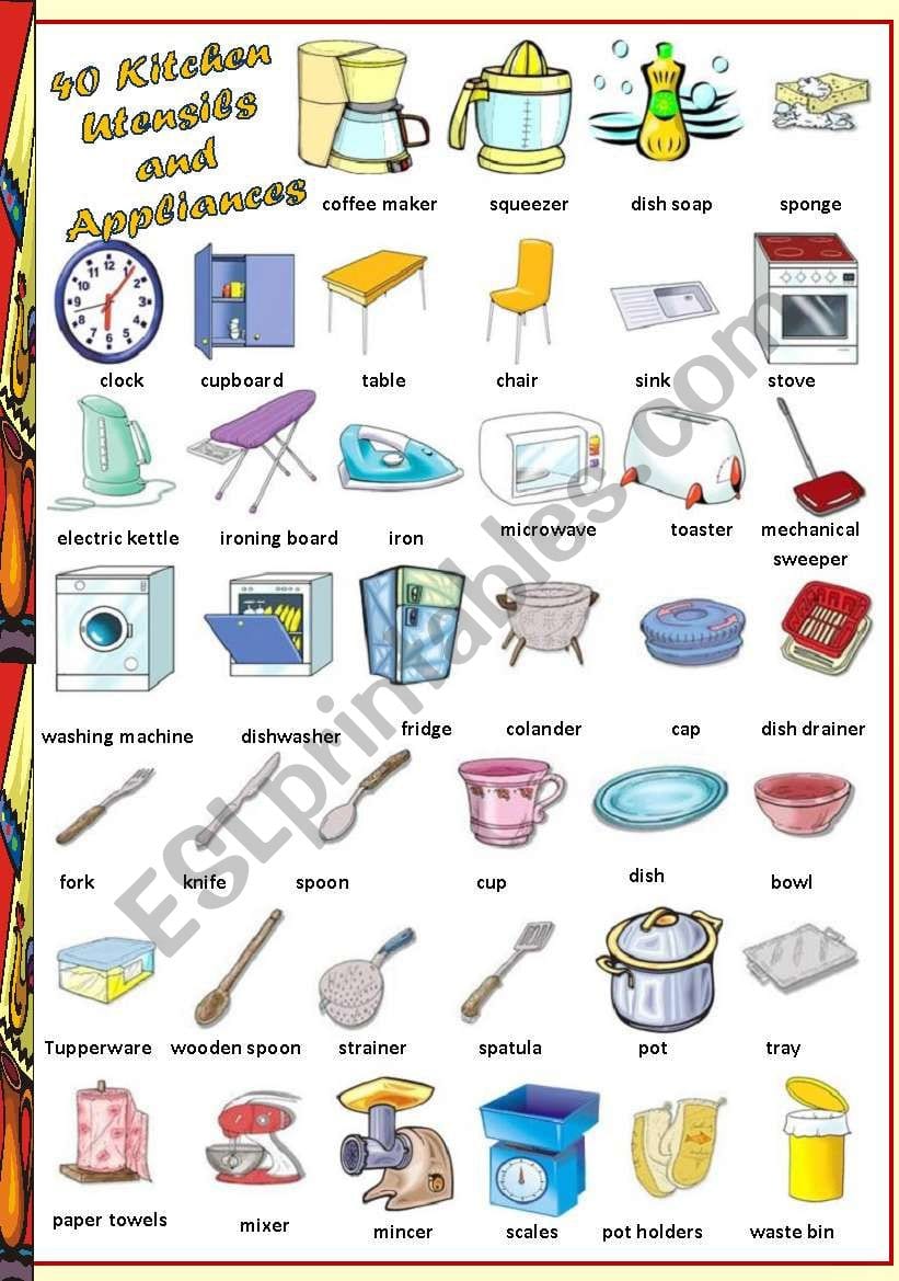 Find 40 Kitchen Utensils And Appliances  Esl Worksheet