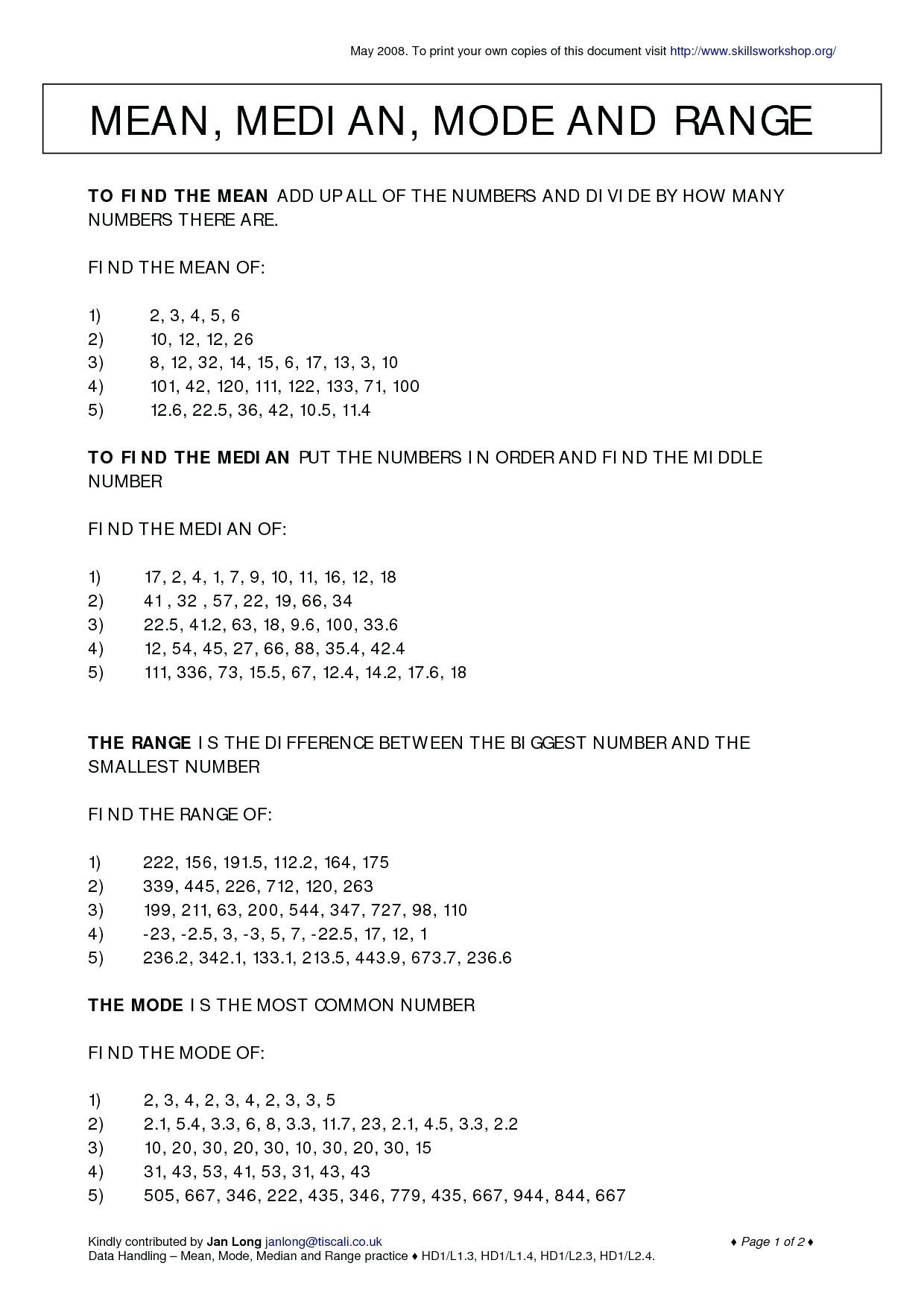 Find Mode Math Mean Median Mode Range Worksheet Worksheets 1 