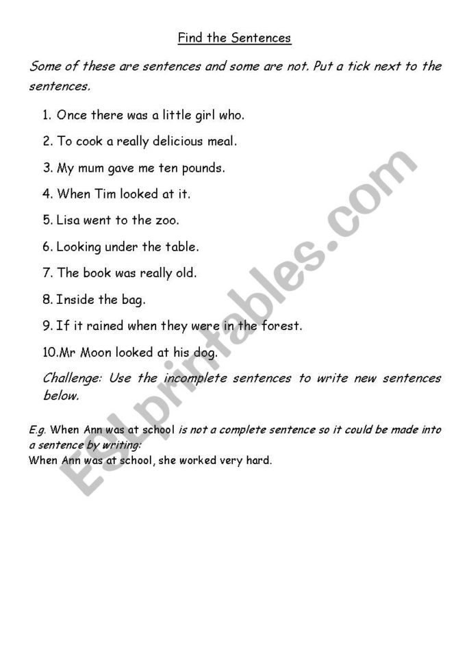 Find The Complete Sentences  Esl Worksheetvicteach