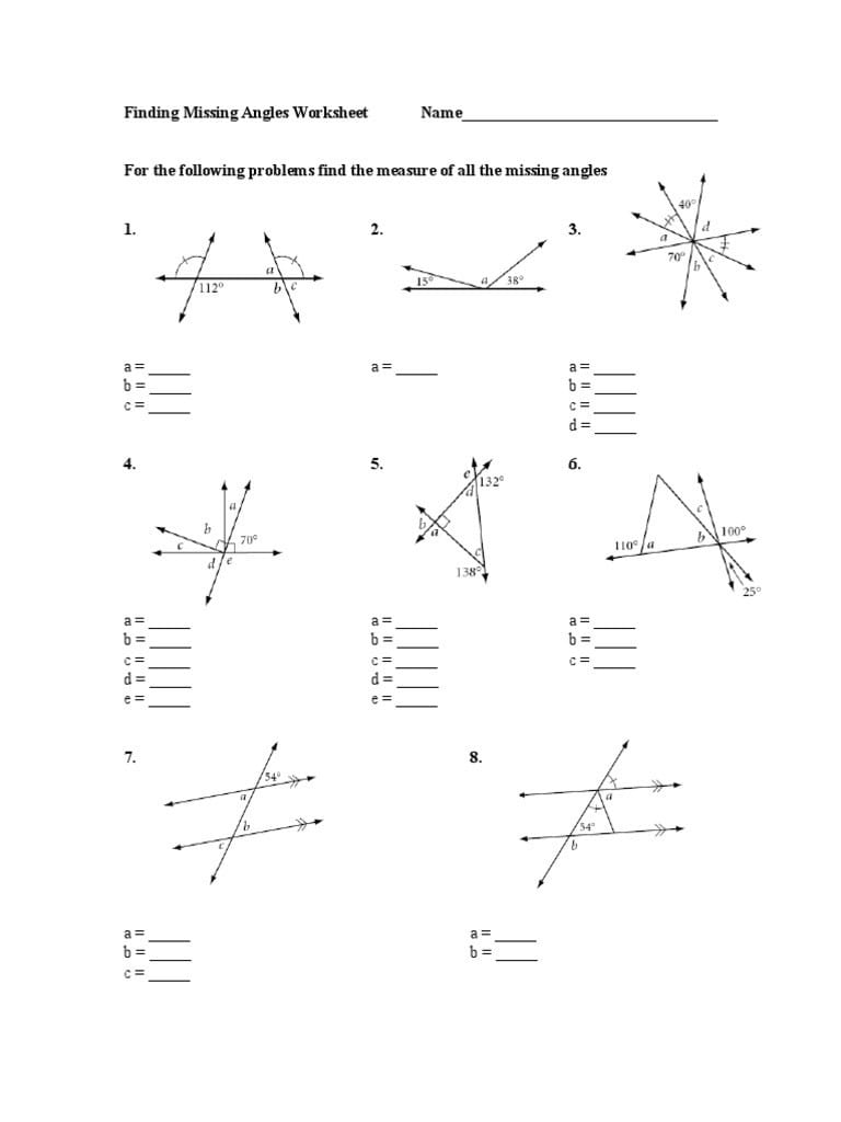 Finding Missing Angles Worksheet