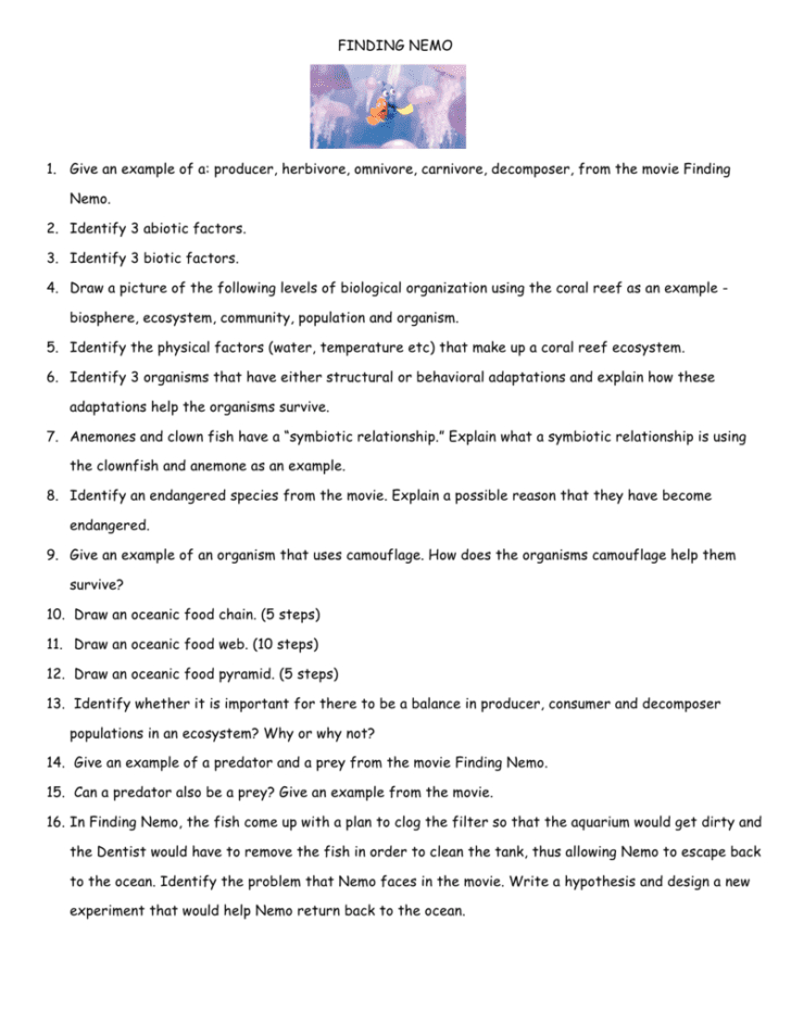 Finding Nemo Worksheet