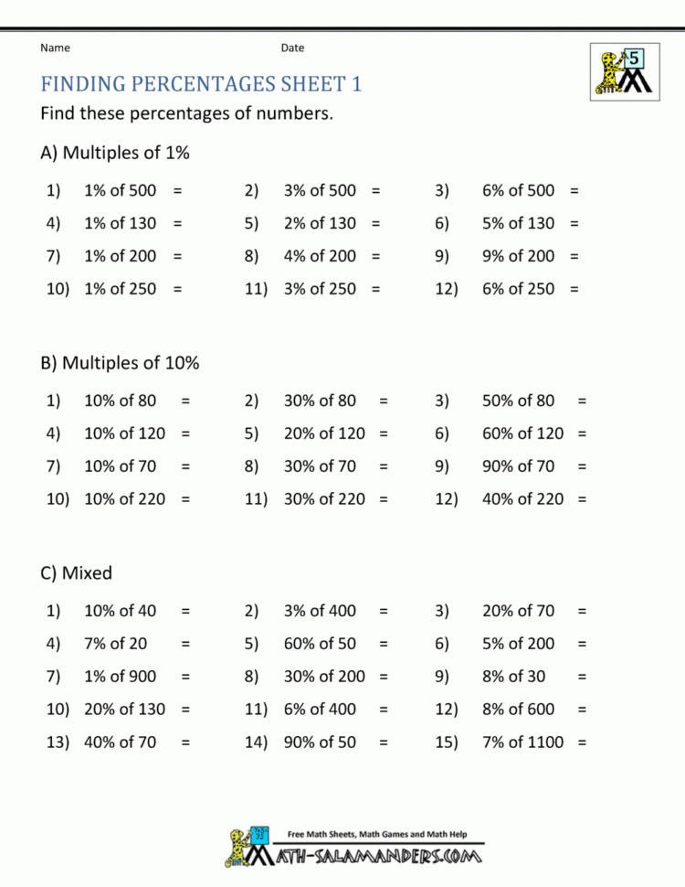 Finding Percentage Worksheets