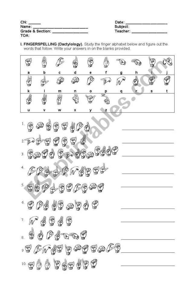Fingerspelling Fun  Esl Worksheeteaglestar