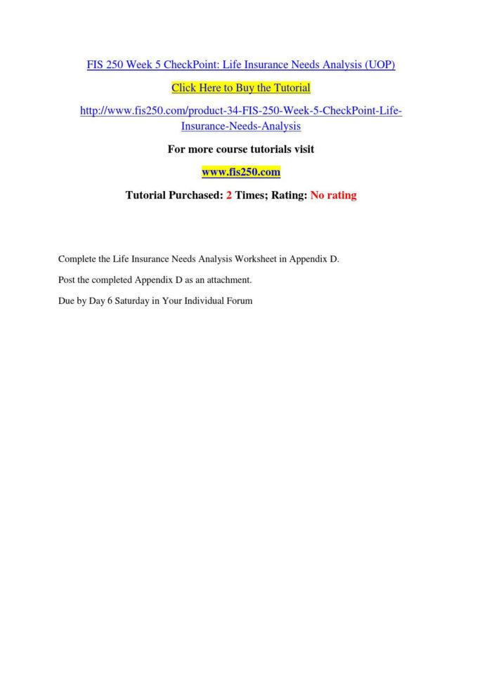Fis 250 Week 5 Checkpoint Life Insurance Needs Analysis Uop