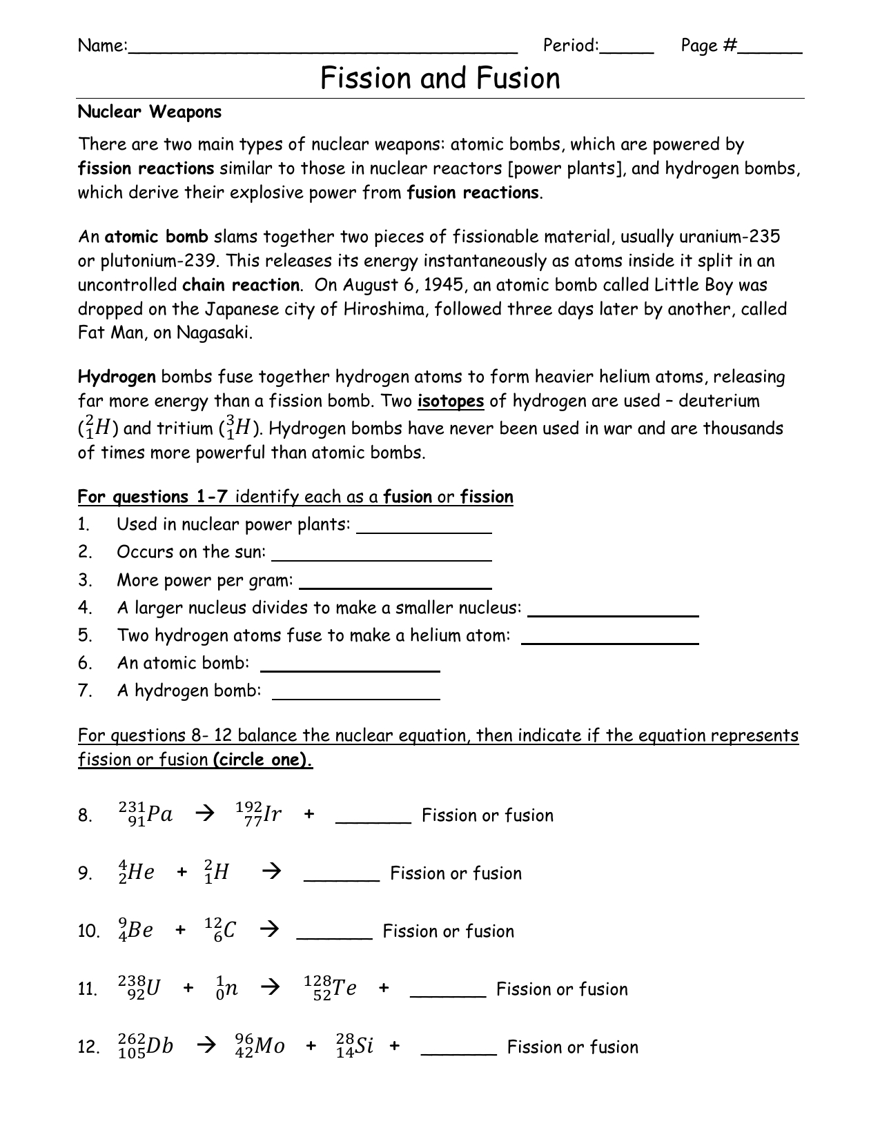 nuclear fusion and fission worksheet answers