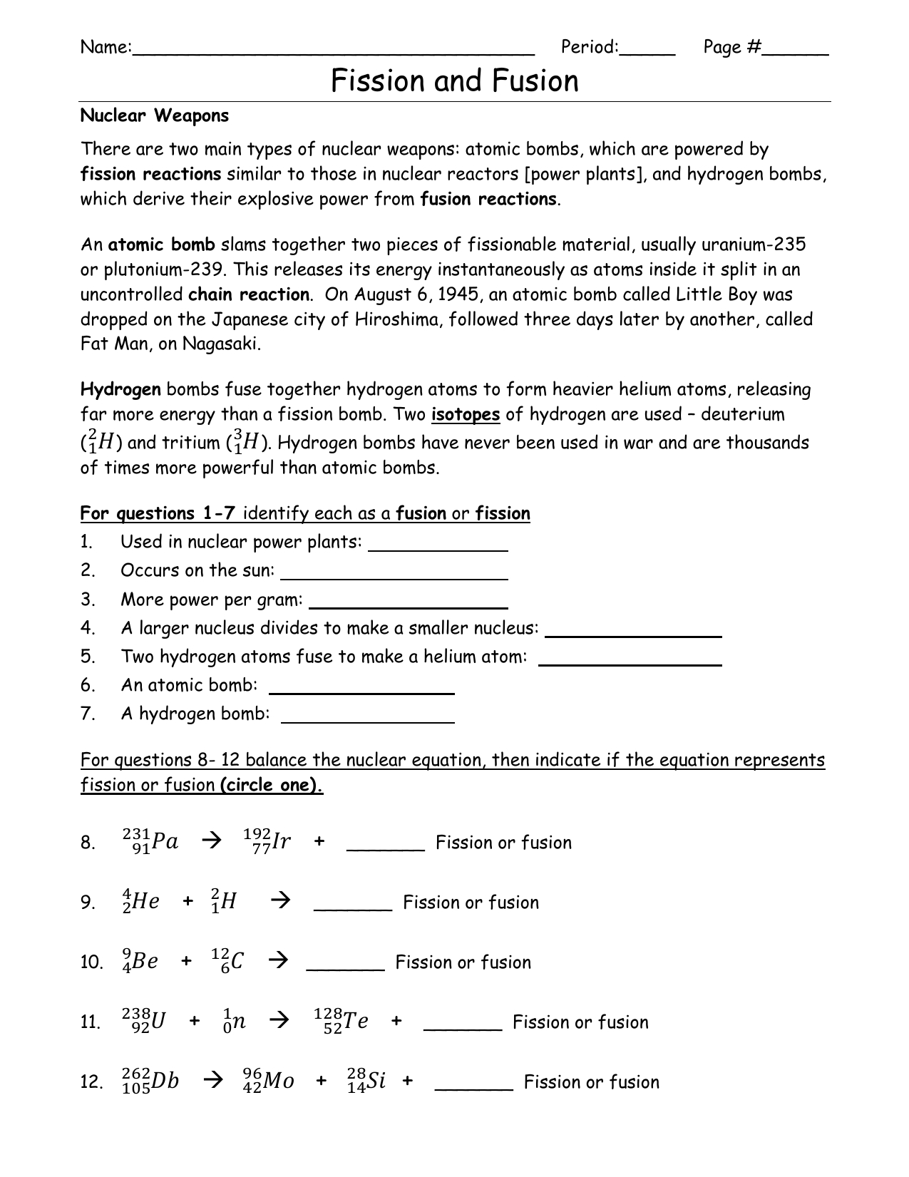 Fission Fusion Worksheet Answers Db excel